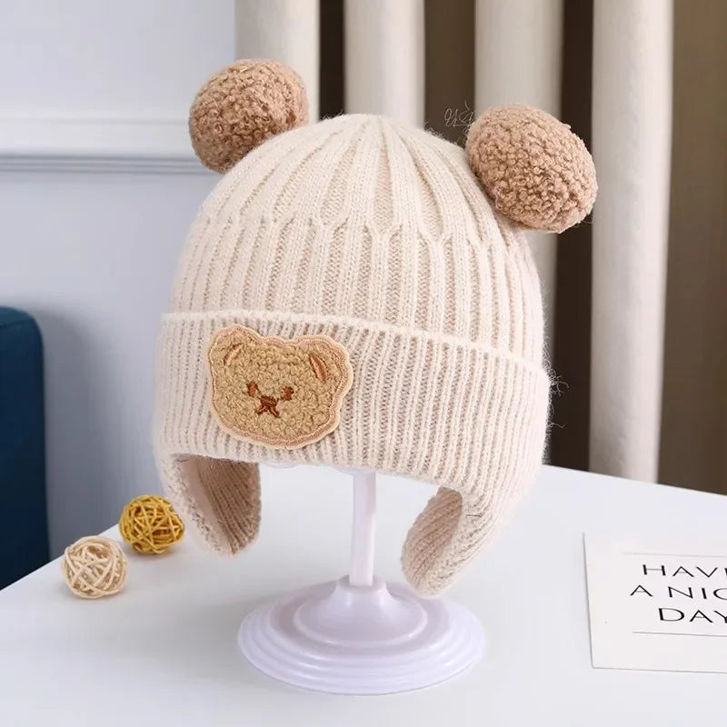Baby wool hat cute bear ear protection hat children winter thickened warm knitted