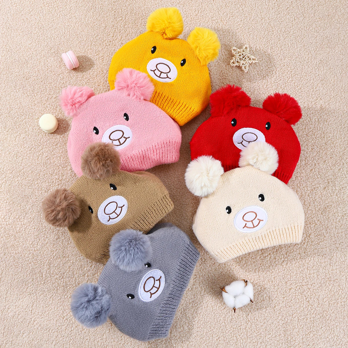 Cute Bear Beanie Cap for Baby Boy & Girl - Pompom Warm Knitted Hat