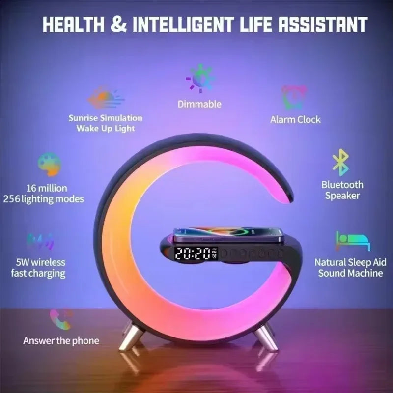 LED Smart Wake Up Light RGB Night Light with Bluetooth Speaker 15W Fast Wireless Charger Desk Lamp
