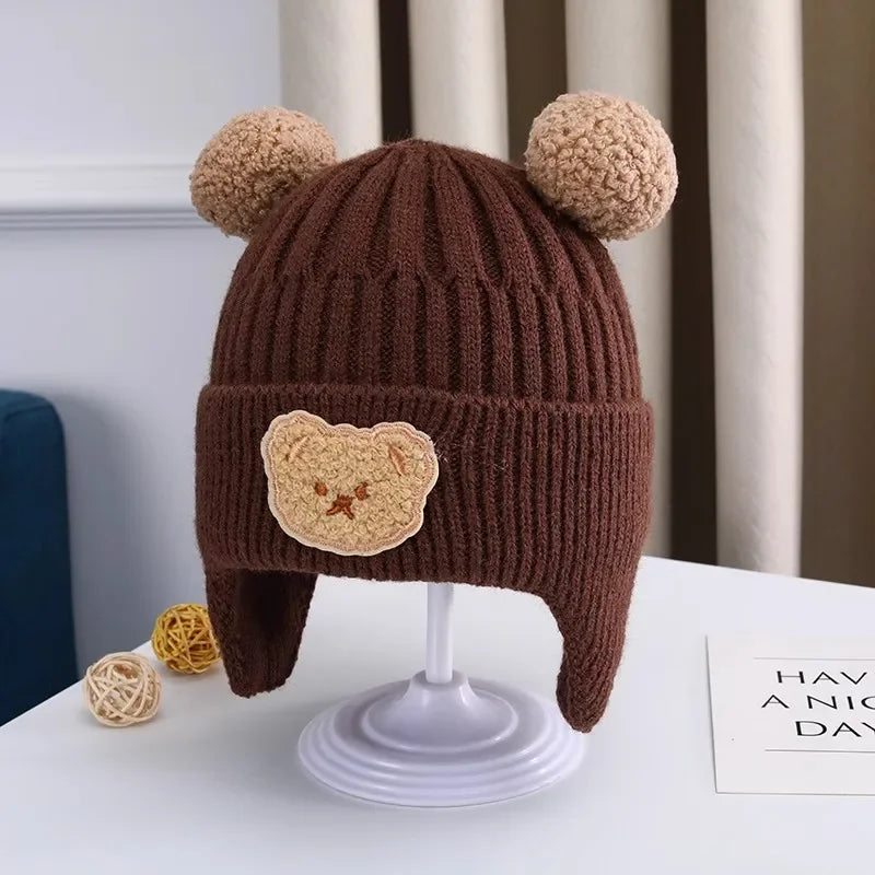 Baby wool hat cute bear ear protection hat children winter thickened warm knitted
