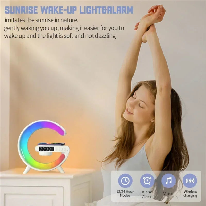 RGB Night Light Lamp Multifunction Alarm Clock - Blueotooth Speaker - 15W Wireless Charger Station Pad