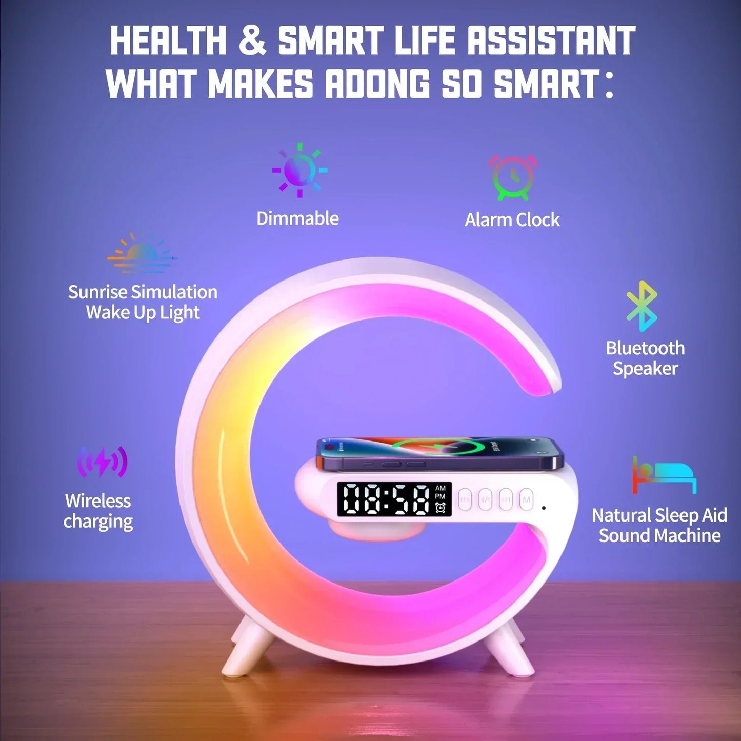 RGB Night Light Lamp Multifunction Alarm Clock - Blueotooth Speaker - 15W Wireless Charger Station Pad