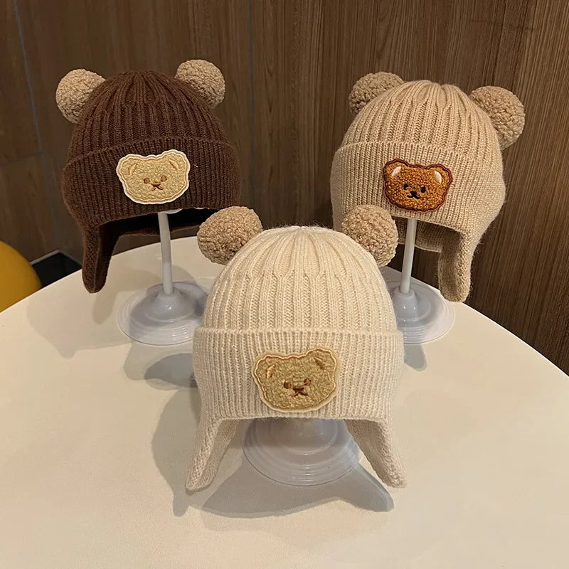 Baby wool hat cute bear ear protection hat children winter thickened warm knitted