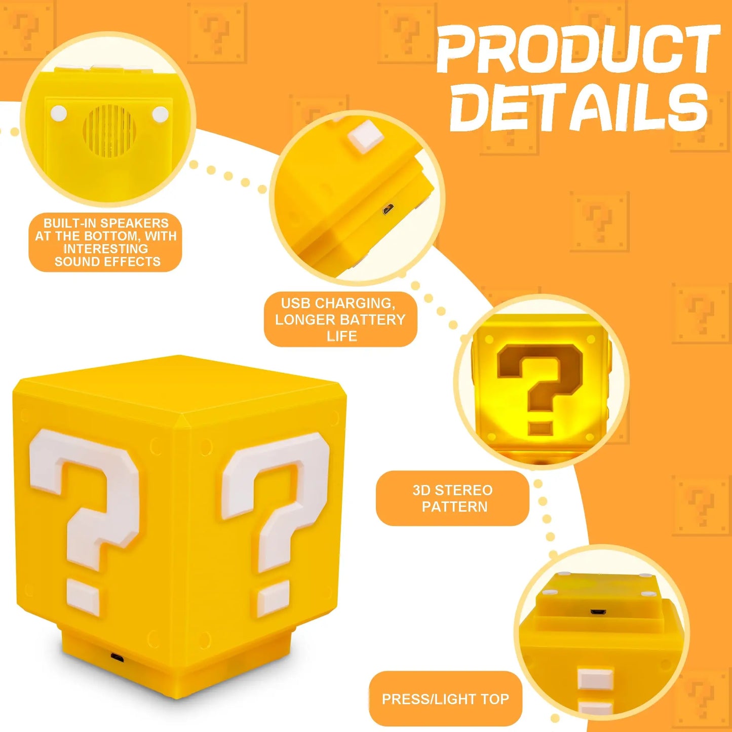 Super Mario Night Light with Music Peripherals, LED Question Mark - USB Charging