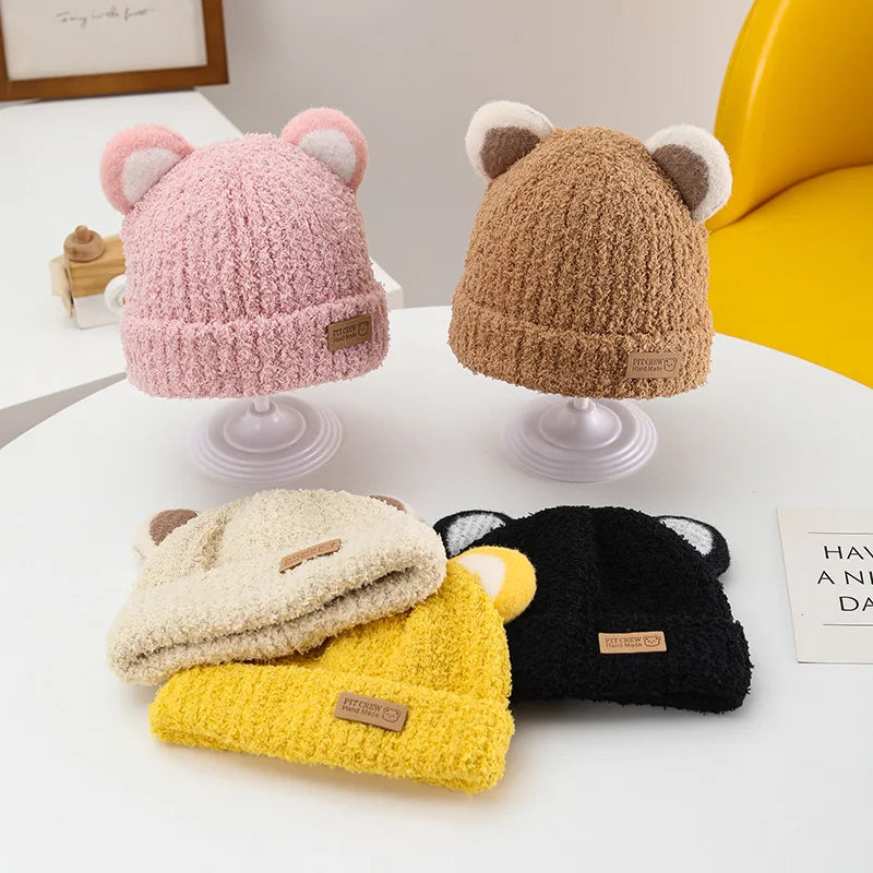 Baby Beanie - Bear Ears, Windproof Child Hat Knitted Earflap Caps