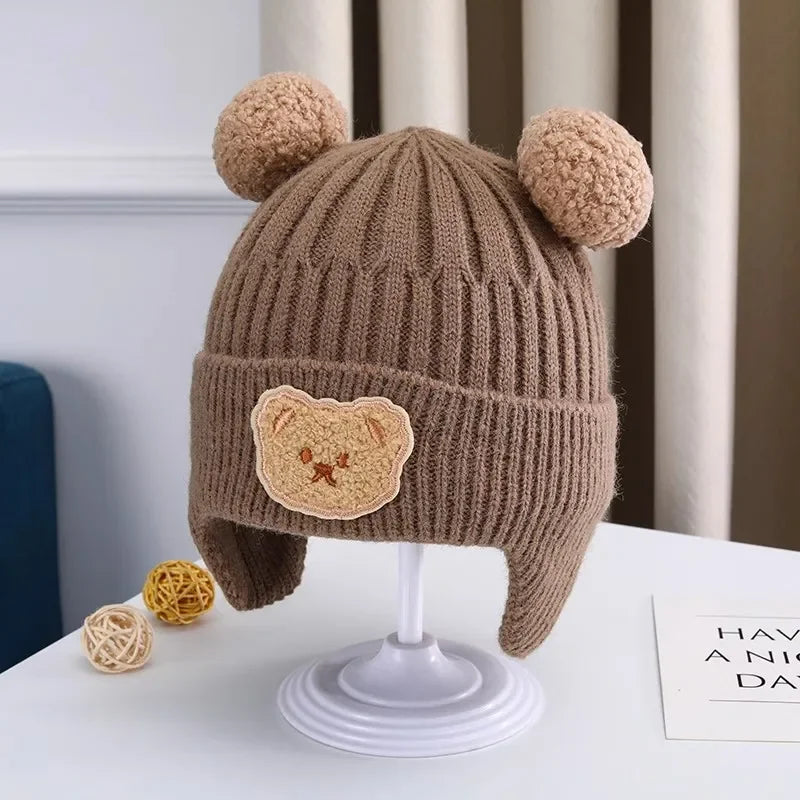 Baby wool hat cute bear ear protection hat children winter thickened warm knitted