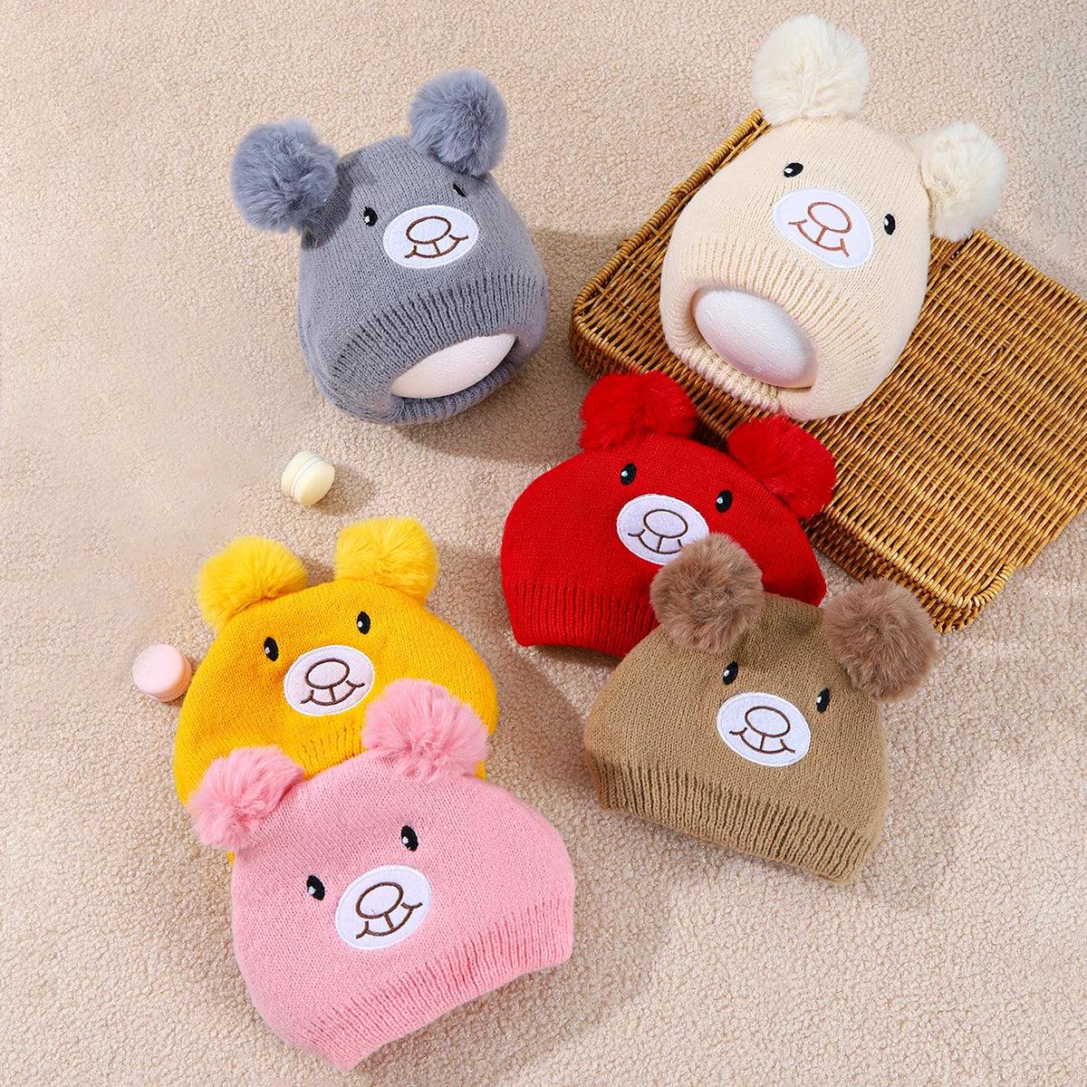 Cute Bear Beanie Cap for Baby Boy & Girl - Pompom Warm Knitted Hat