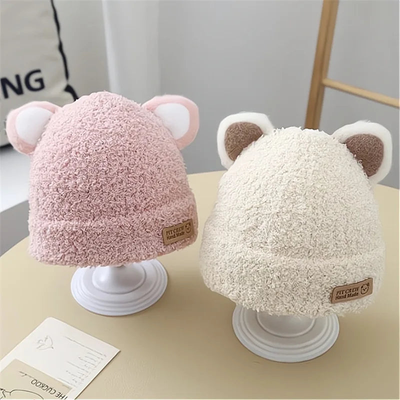 Baby Beanie - Bear Ears, Windproof Child Hat Knitted Earflap Caps