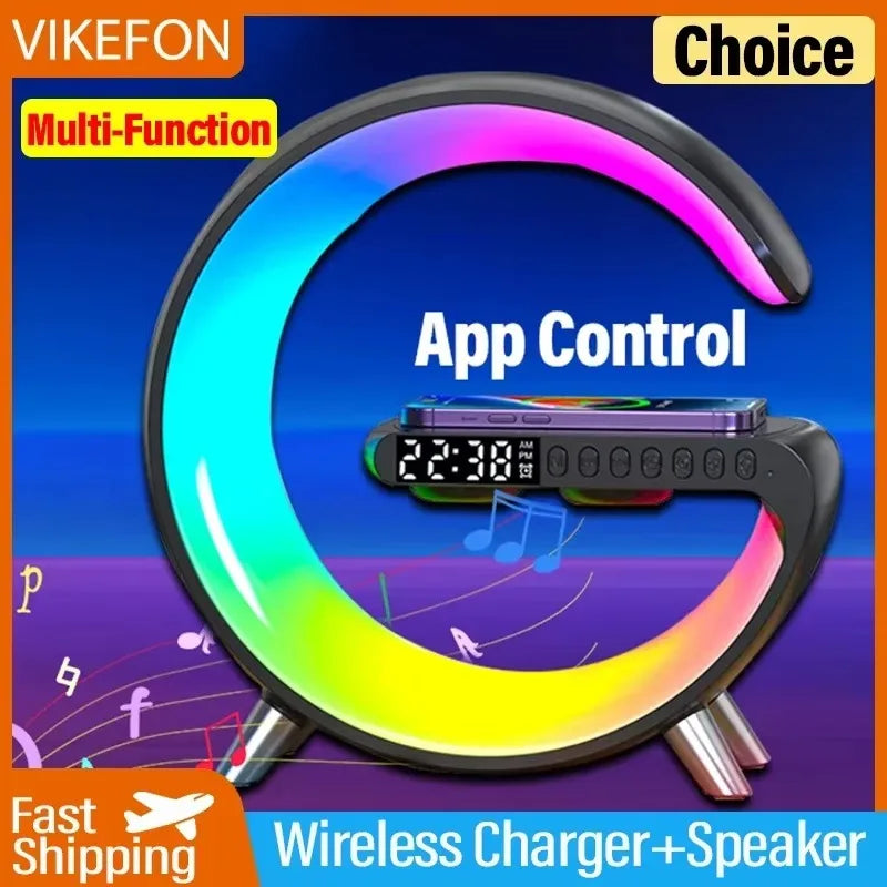 LED Smart Wake Up Light RGB Night Light with Bluetooth Speaker 15W Fast Wireless Charger Desk Lamp