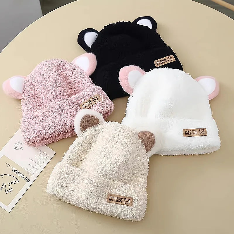Baby Beanie - Bear Ears, Windproof Child Hat Knitted Earflap Caps