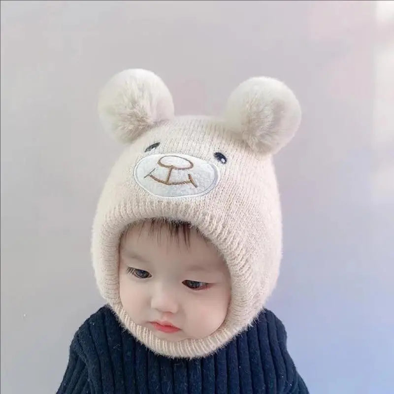 Cute Bear Beanie Cap for Baby Boy & Girl - Pompom Warm Knitted Hat