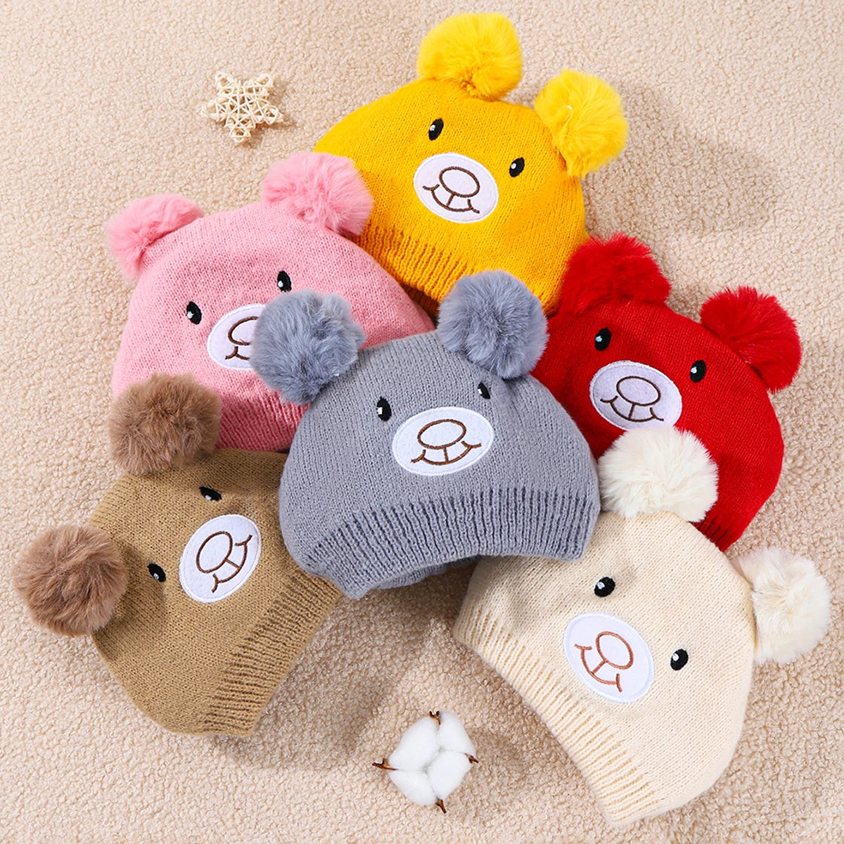 Cute Bear Beanie Cap for Baby Boy & Girl - Pompom Warm Knitted Hat