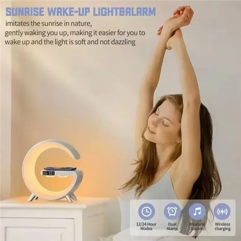 LED Smart Wake Up Light RGB Night Light with Bluetooth Speaker 15W Fast Wireless Charger Desk Lamp
