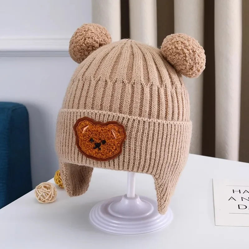 Baby wool hat cute bear ear protection hat children winter thickened warm knitted